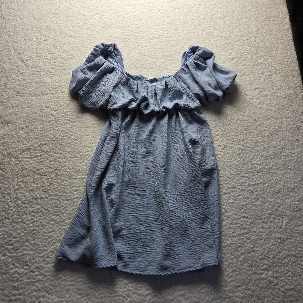 June & Hudson Dress Womens Small Blue Puff Sleeve Square Neck Short Smocked